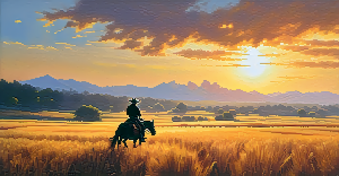 A cowboy riding a horse through a wheat field at sunrise, with a colorful sky and mountains in the background.