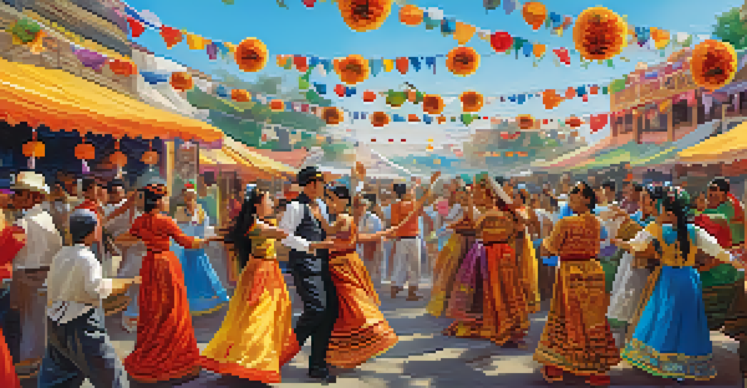 A vibrant outdoor festival with people from different cultures dancing and celebrating in traditional costumes.