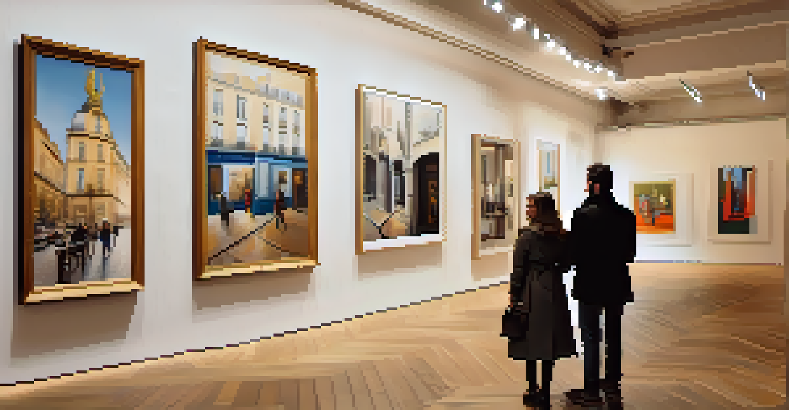 An art gallery in Le Marais, Paris, showcasing contemporary artworks on white walls with warm lighting and visitors admiring the pieces.
