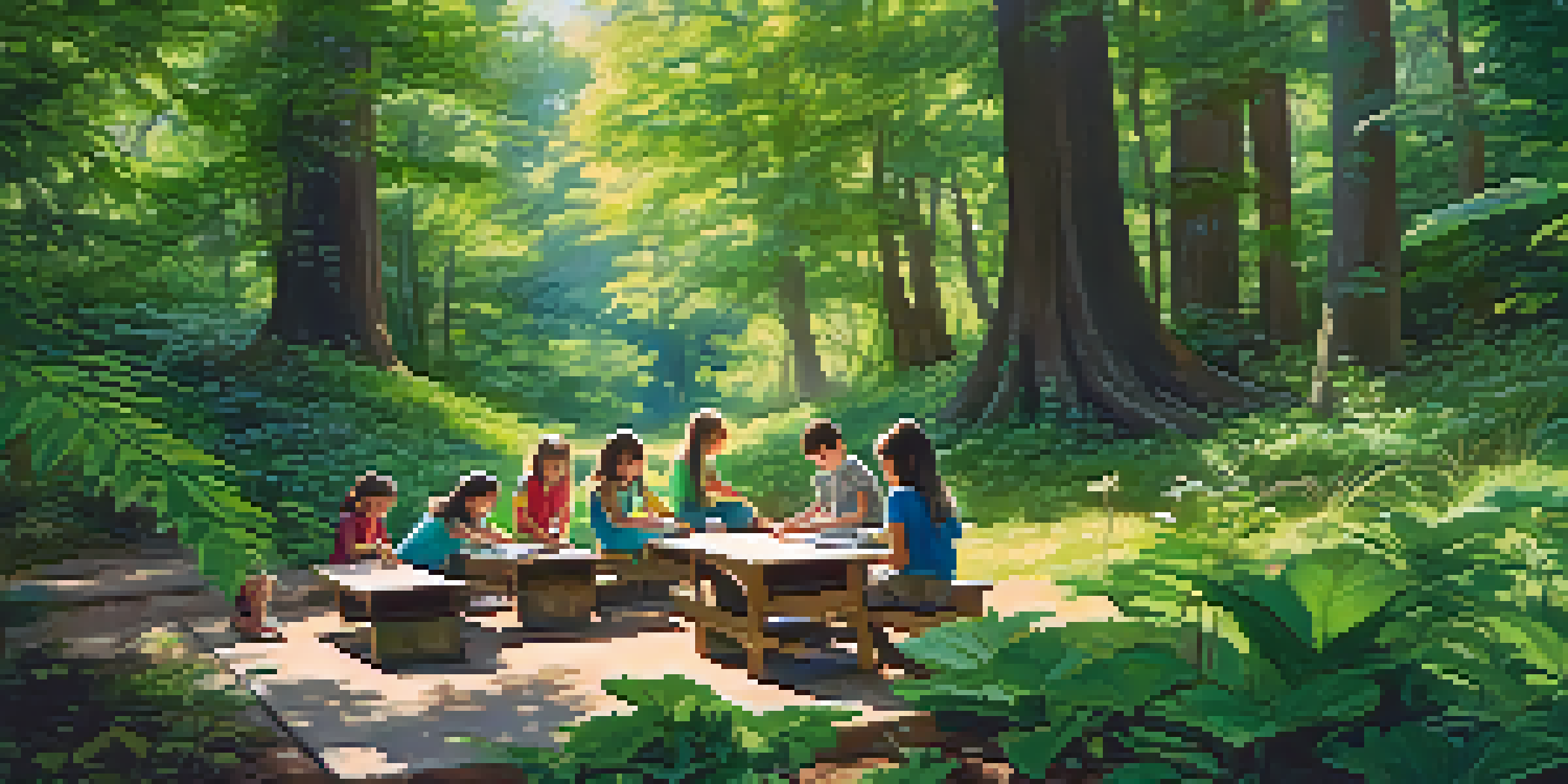 Children learning in a forest classroom, surrounded by greenery and sunlight filtering through the trees.