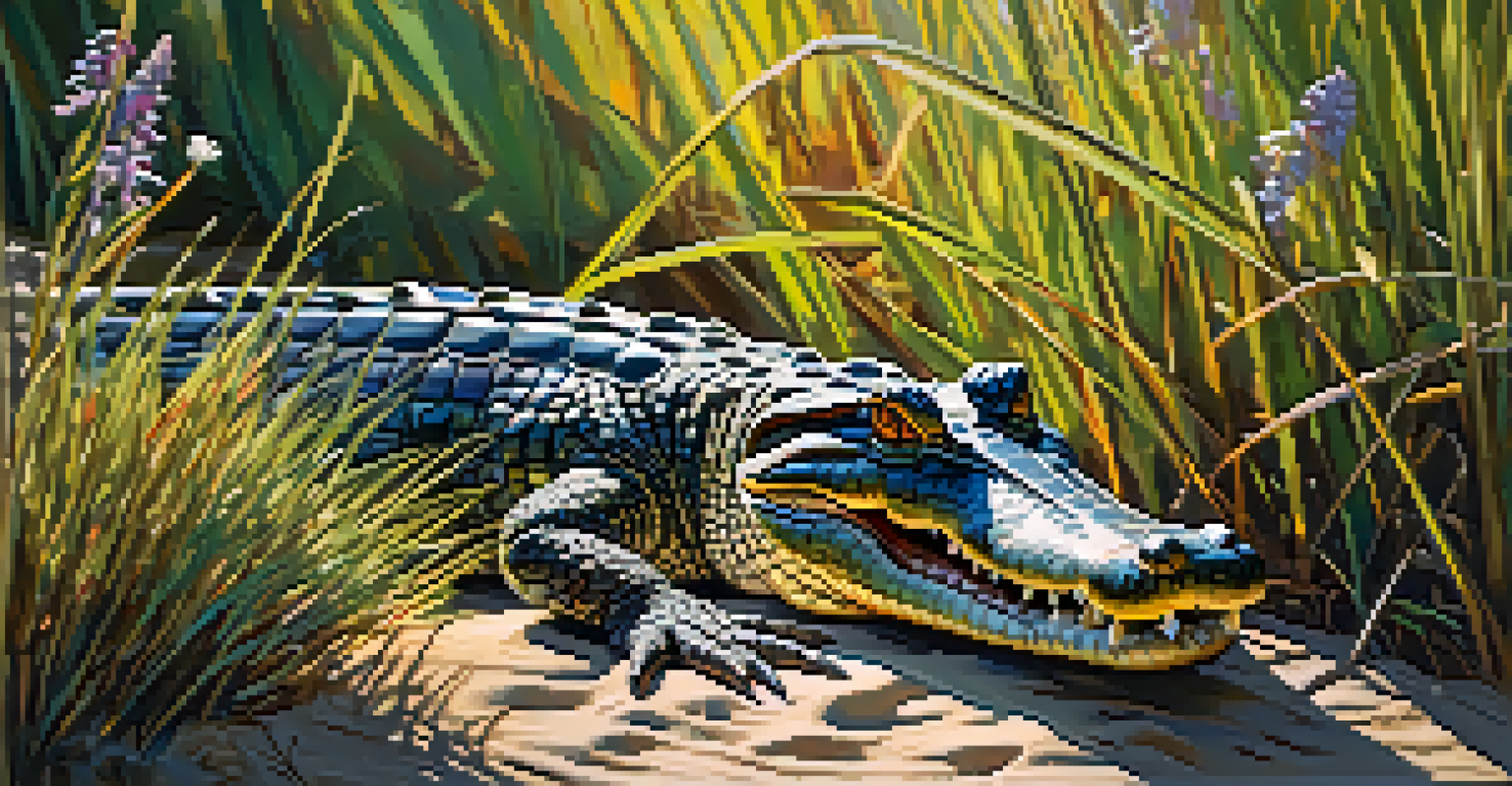 A detailed view of an alligator resting on the bank in the Everglades, surrounded by grass and flowers.