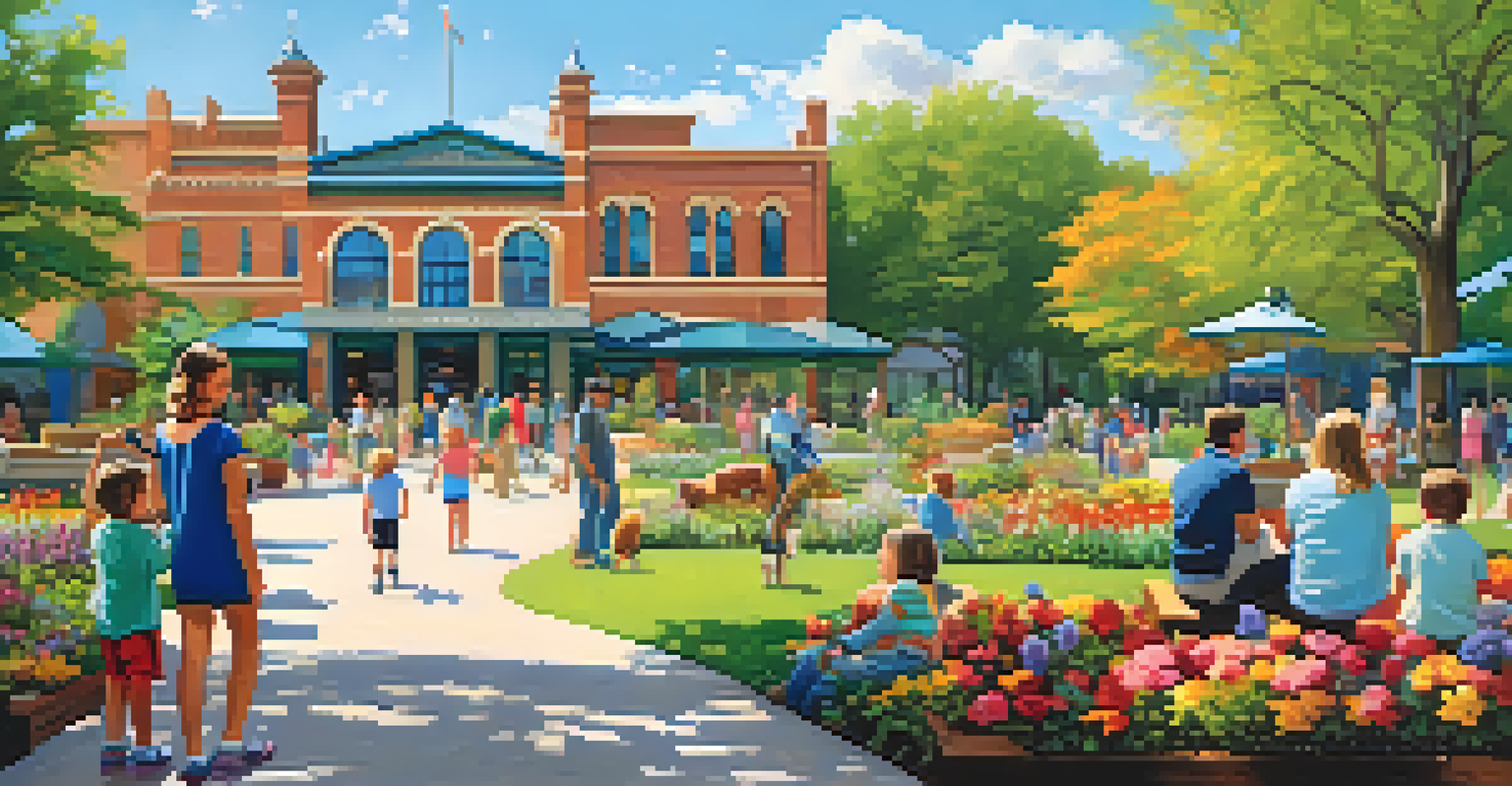 A family at Lincoln Park Zoo, with children excitedly looking at animals and colorful gardens in the background.