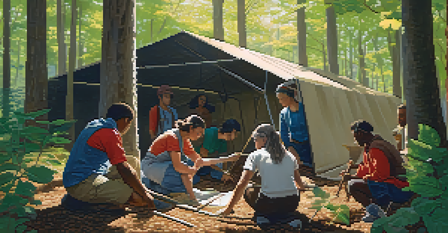 A diverse group of people working together to build a shelter in a forest, with sunlight filtering through the trees.