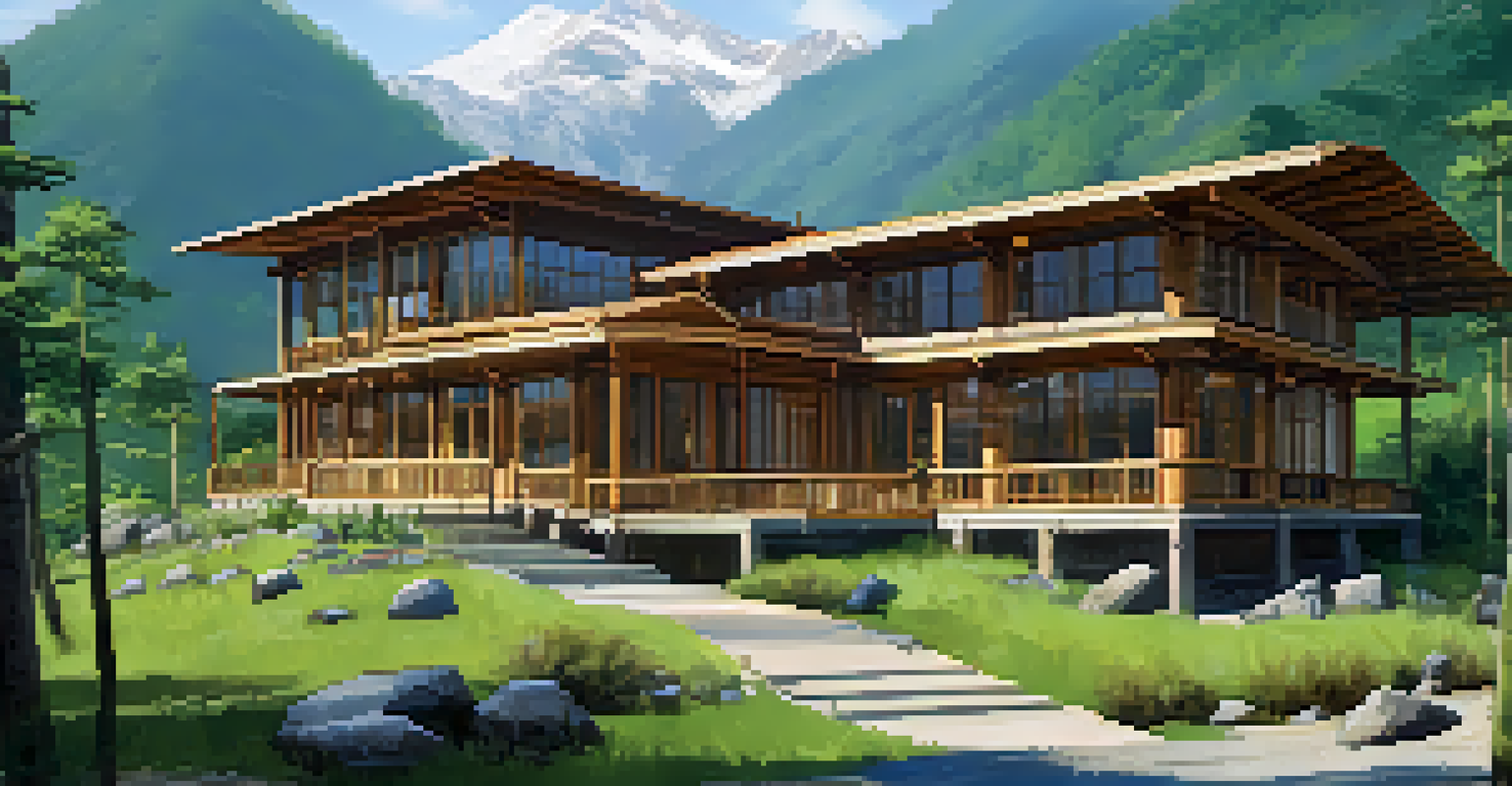 An eco-friendly lodge in the mountains with travelers planting trees and learning about nature.