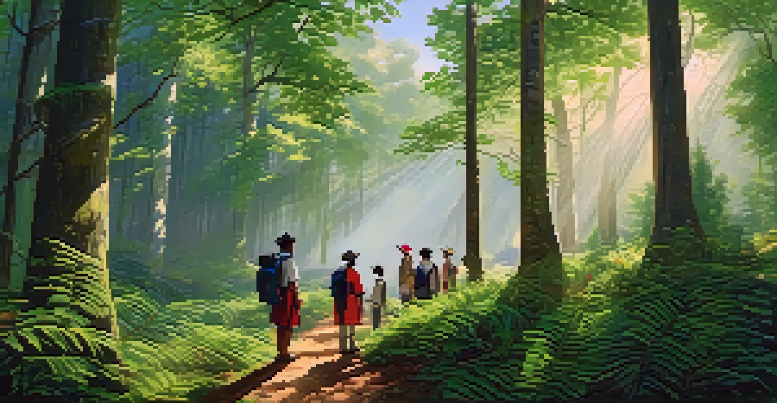 A local guide leading tourists through a vibrant forest, surrounded by lush greenery and dappled sunlight.