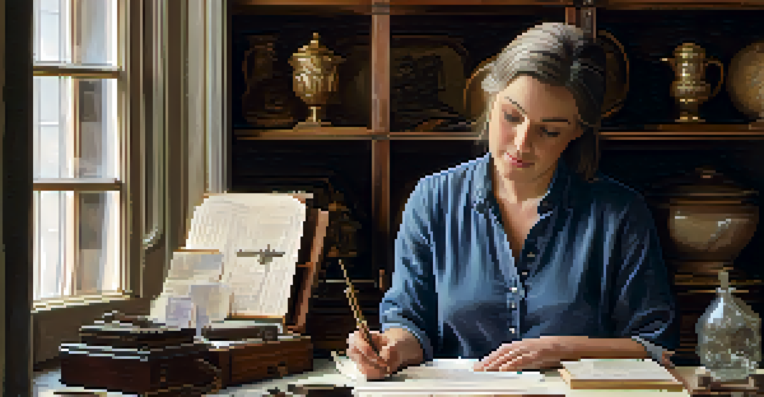 A volunteer cataloging historical artifacts, focusing on an old photograph and handwritten letter, with natural light illuminating the scene.