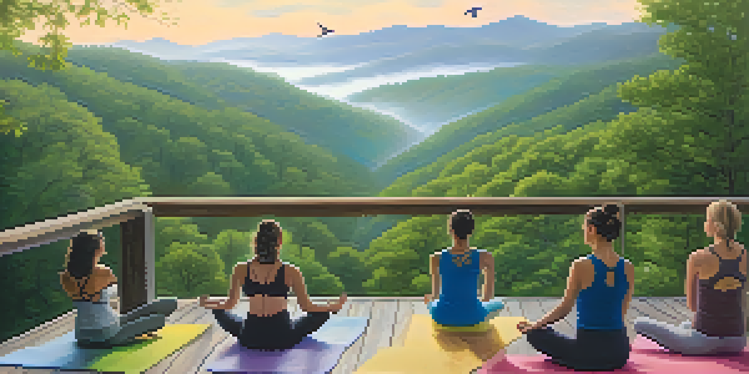 A peaceful yoga class on a wooden deck in the Blue Ridge Mountains at dawn, with mist and lush greenery surrounding the area.