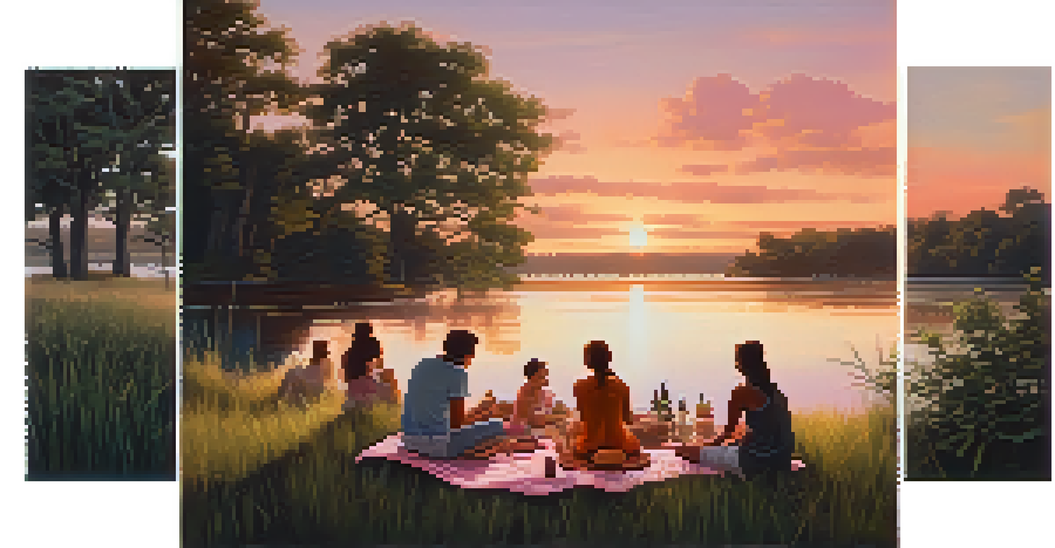 A group of people enjoying a picnic by a tranquil lake during sunset, with vibrant colors reflecting on the water.