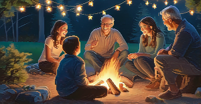A family sitting around a campfire at dusk, listening to grandparents tell stories, with trees and twinkling lights in the background.