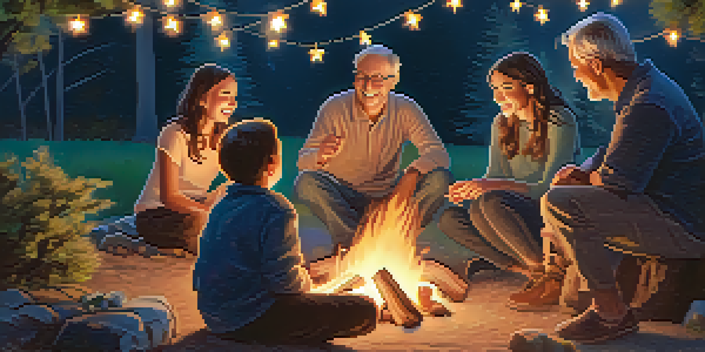 A family sitting around a campfire at dusk, listening to grandparents tell stories, with trees and twinkling lights in the background.