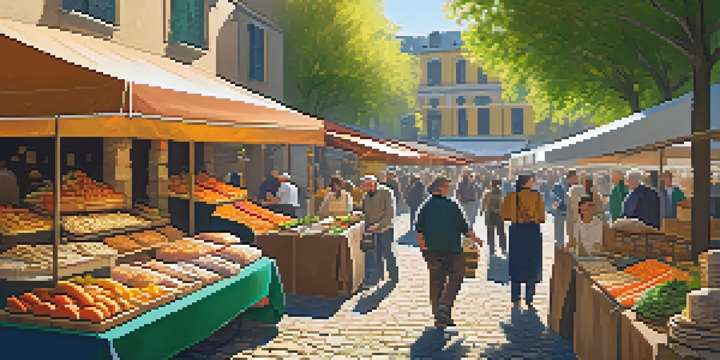 A lively artisan food market with colorful stalls and people interacting with vendors, under warm sunlight.
