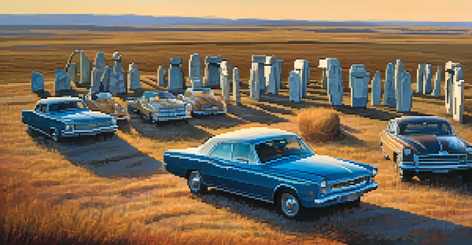 Vintage cars arranged in a circular formation resembling Stonehenge during a sunset.