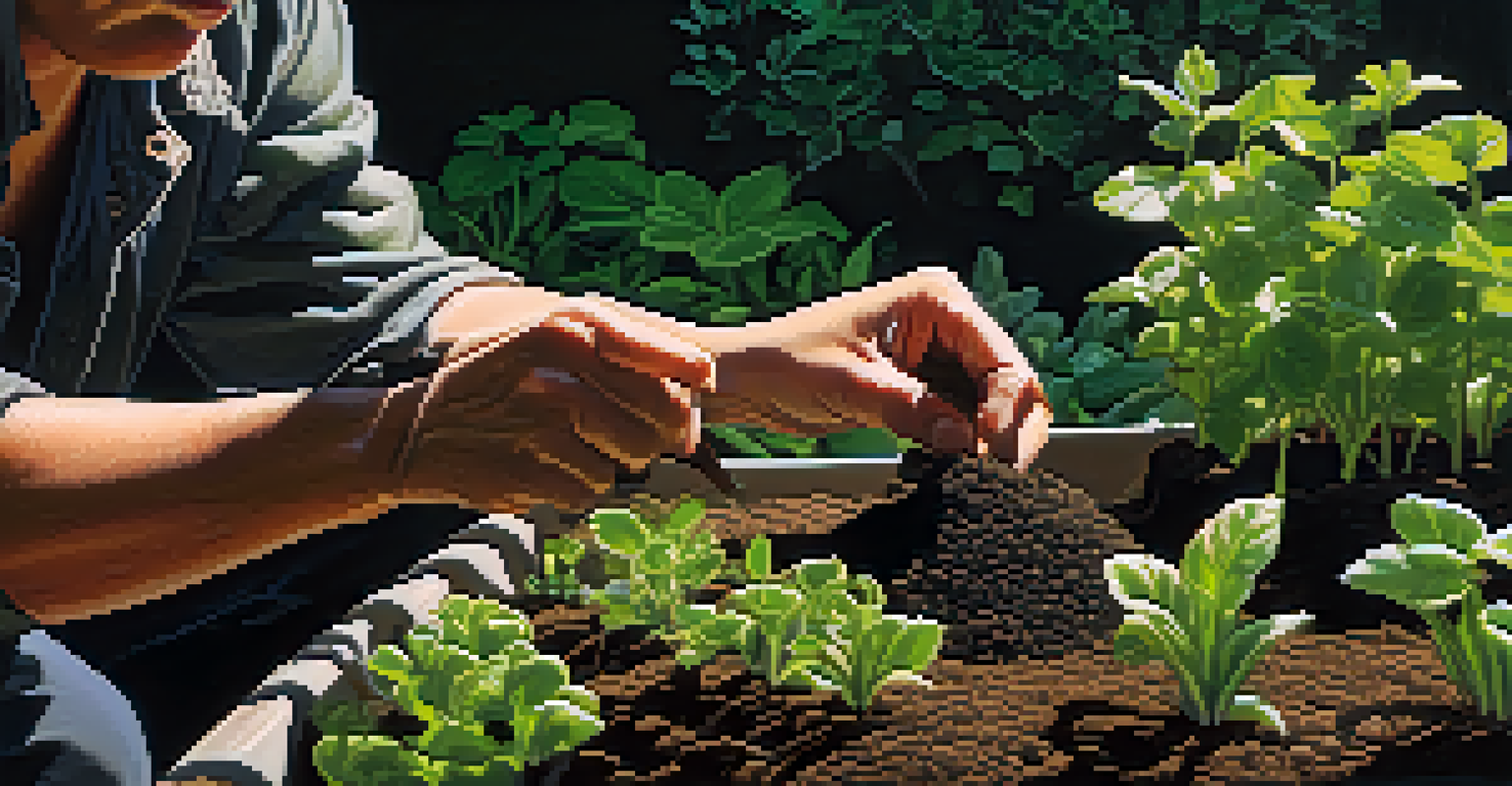 Close-up of a gardener's hands planting seeds in soil, with herbs and seedlings around, illuminated by warm sunlight.