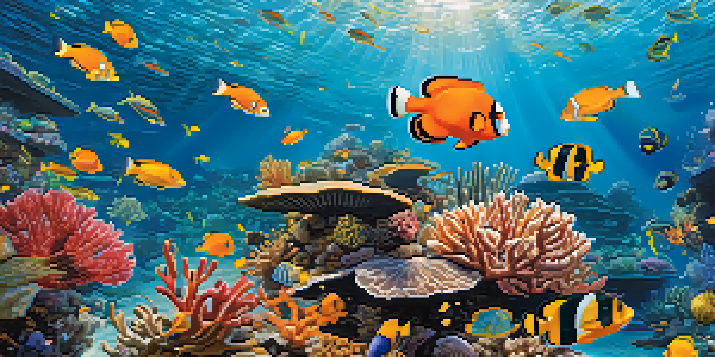 An underwater scene showcasing colorful coral reefs and various marine life like clownfish and sea turtles, illuminated by sunlight.