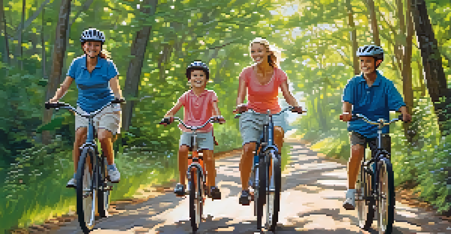 A joyful family riding bikes on a scenic trail in Cape Cod, surrounded by vibrant greenery and colorful wildflowers under a clear blue sky.