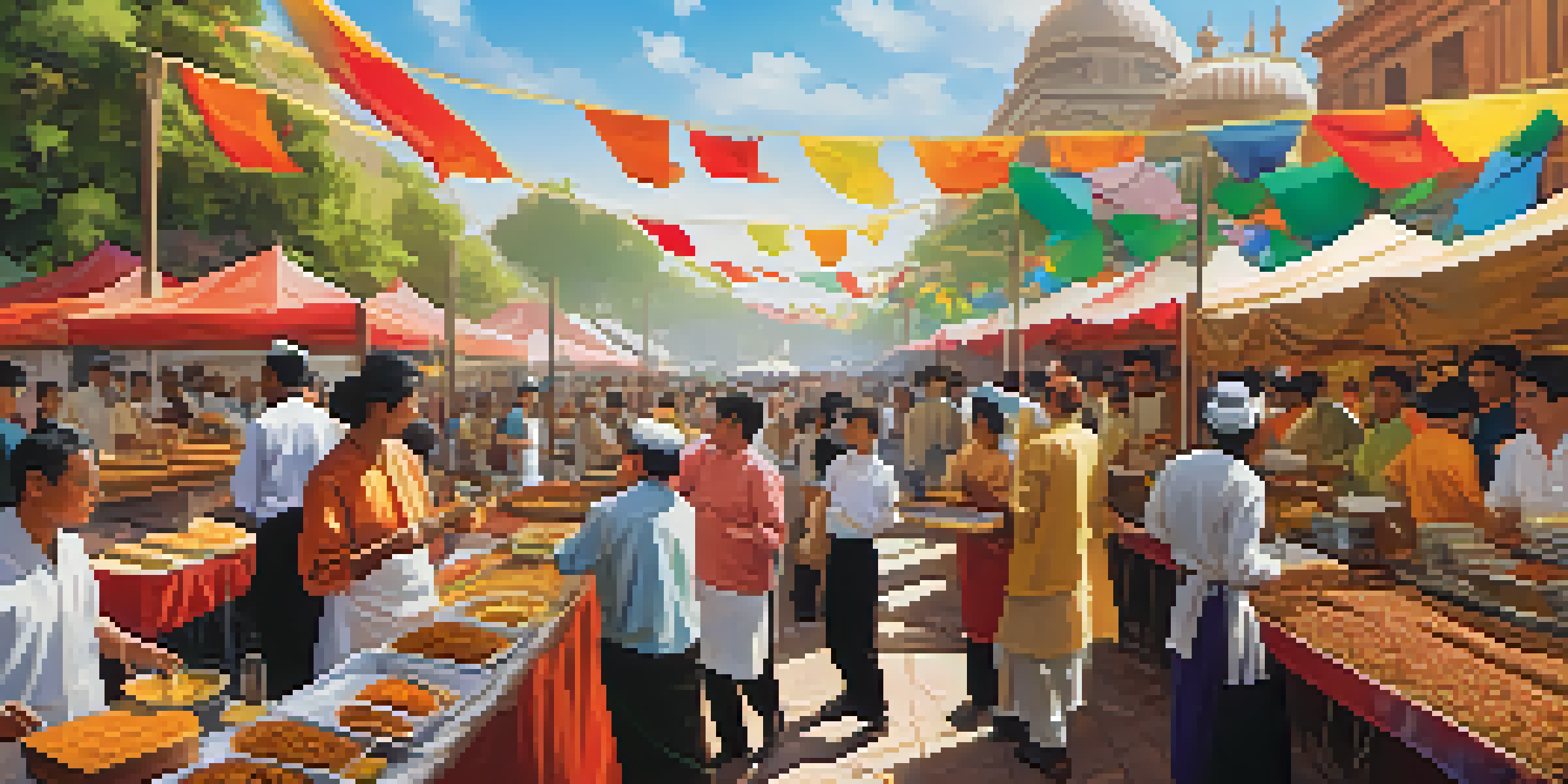 A lively food festival with various stalls offering global cuisines, featuring a plate of curry and pastries in the foreground.