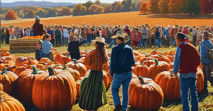 A lively harvest festival with colorful pumpkins, corn, and people enjoying various activities in a sunny field surrounded by autumn trees.