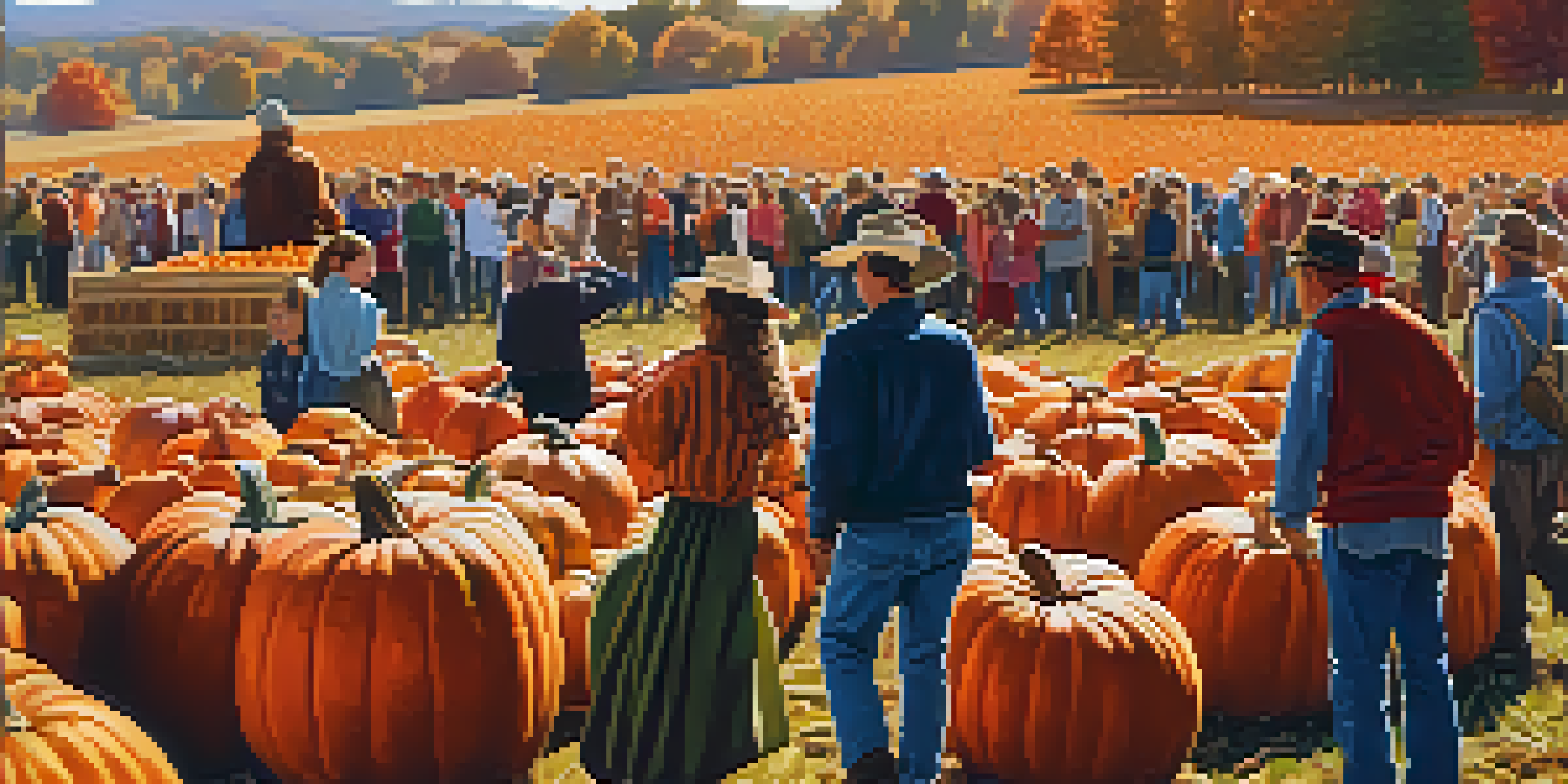 A lively harvest festival with colorful pumpkins, corn, and people enjoying various activities in a sunny field surrounded by autumn trees.