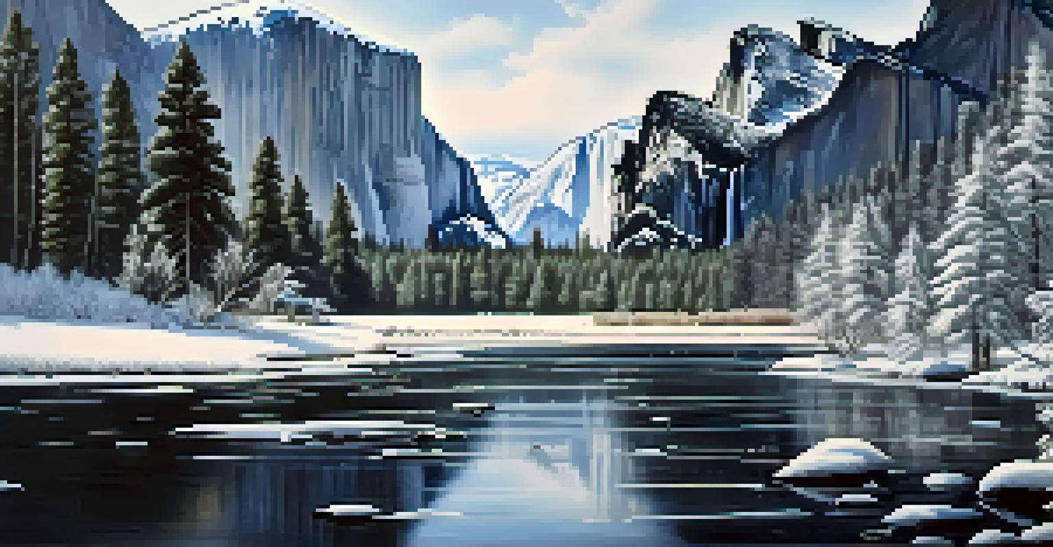 A peaceful winter scene in Yosemite with snow-covered trees and a river.