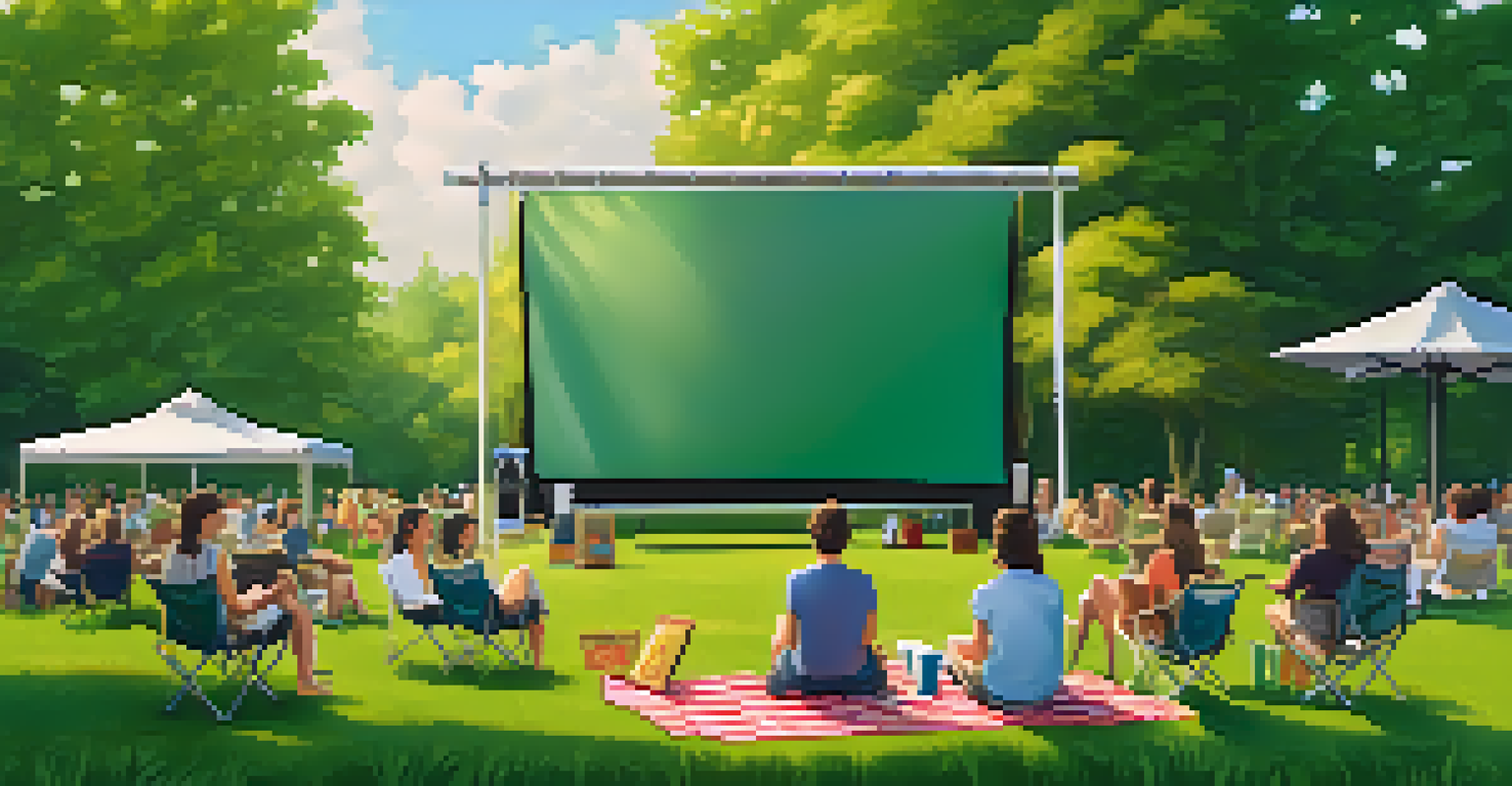 A cozy outdoor film screening setup in a park during the day, with blankets, chairs, and friends engaging in a trivia game.