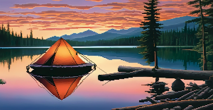 A scenic camping setup by a lake during sunset, with a tent, campfire, and mountains in the background.