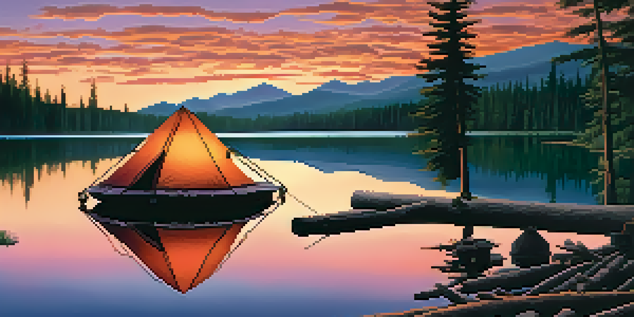 A scenic camping setup by a lake during sunset, with a tent, campfire, and mountains in the background.