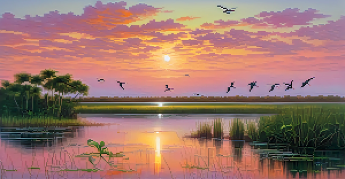 A beautiful sunrise over the Everglades, with colorful reflections in the water and birds flying in the sky.