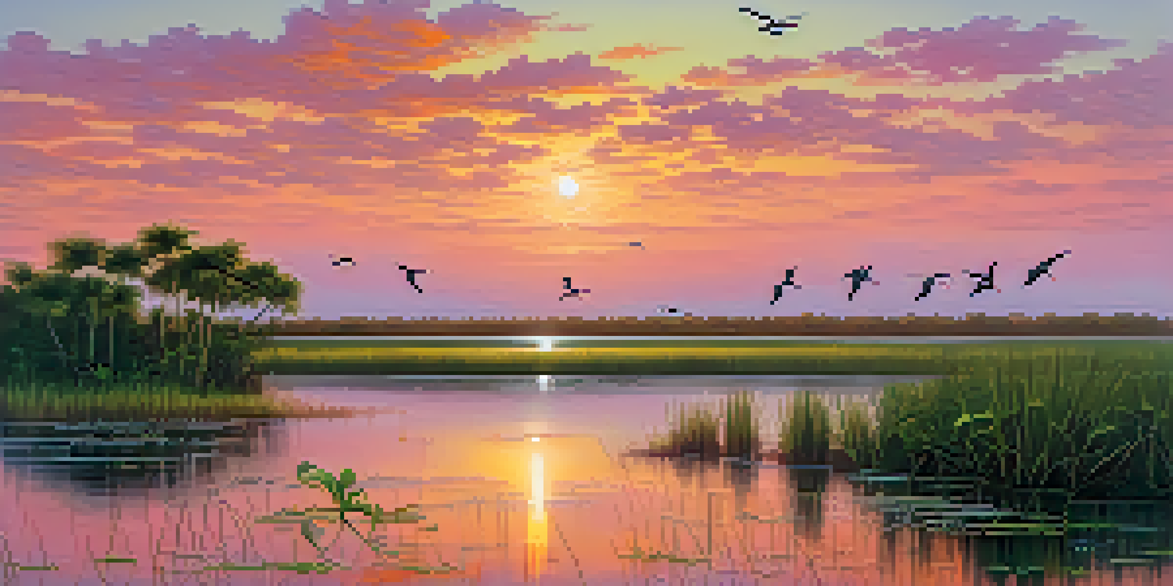 A beautiful sunrise over the Everglades, with colorful reflections in the water and birds flying in the sky.
