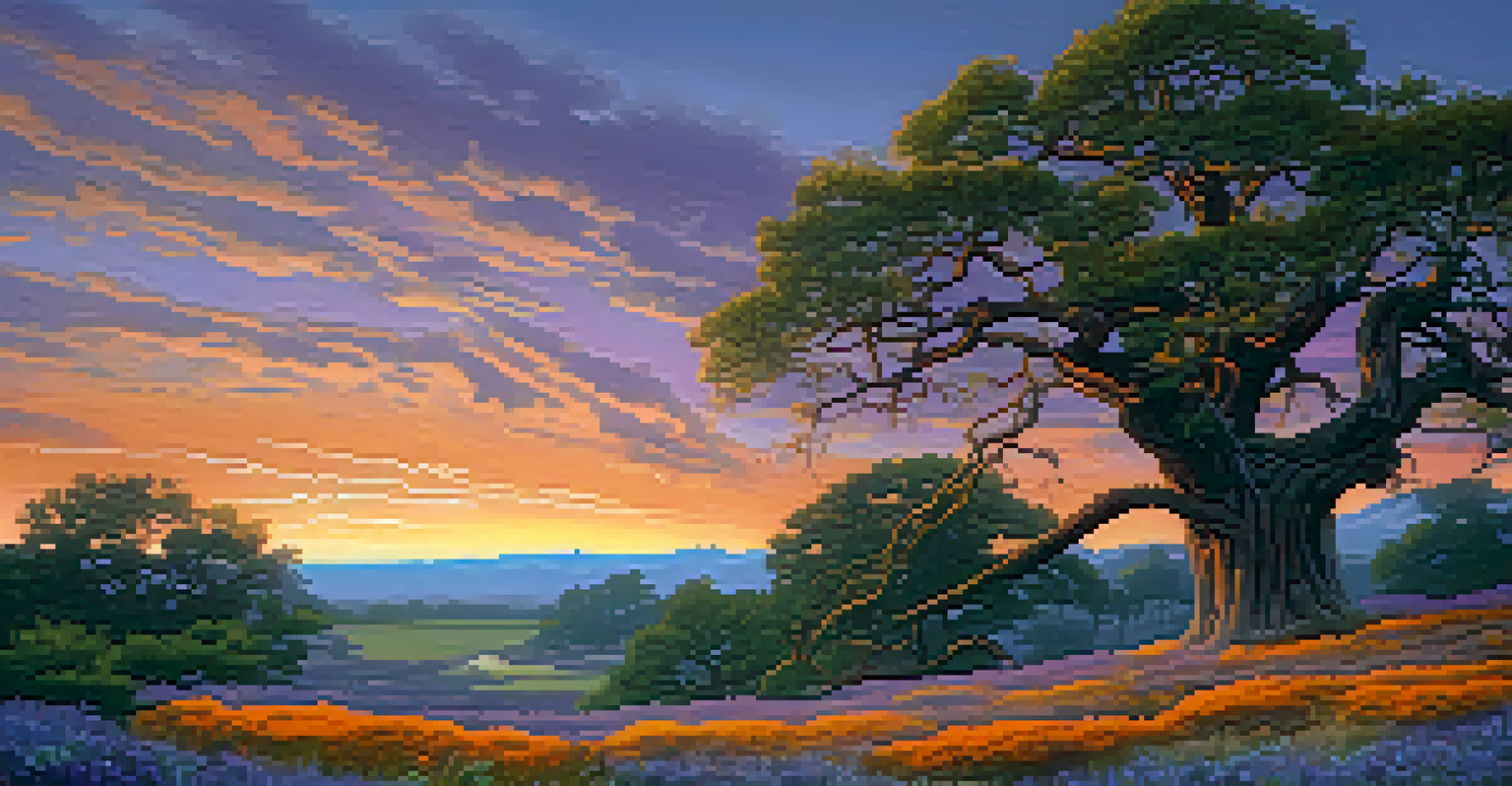 A beautiful sunset over a heritage park with an ancient tree and a winding path leading to a historical site, surrounded by wildflowers.