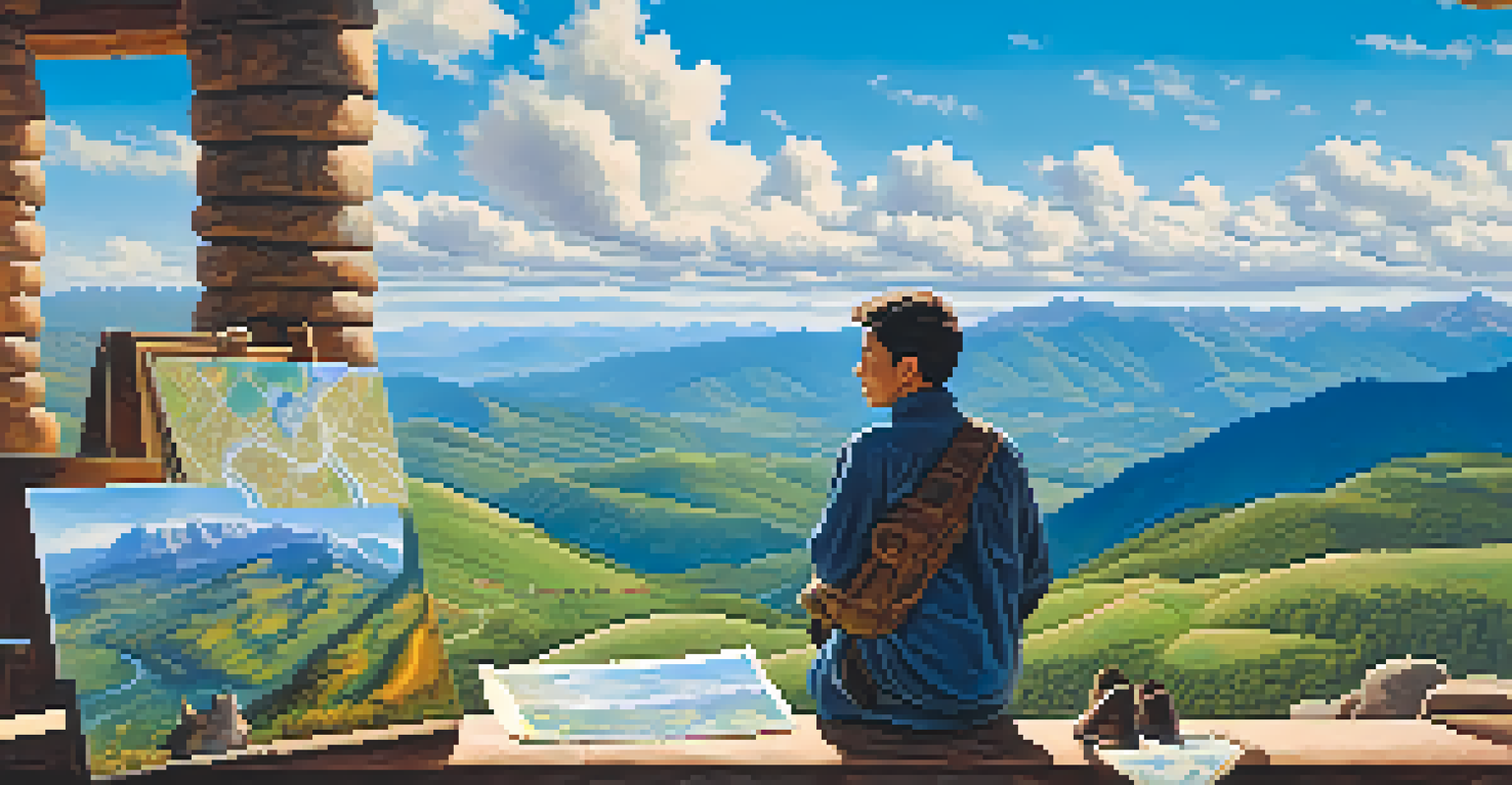 A traveler at a scenic viewpoint looking at a map, with mountains and valleys in the background under a bright blue sky.