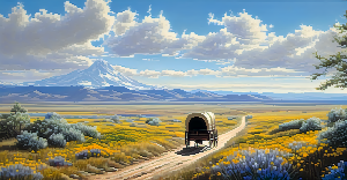 A covered wagon on the Oregon Trail surrounded by wildflowers and mountains under a blue sky.
