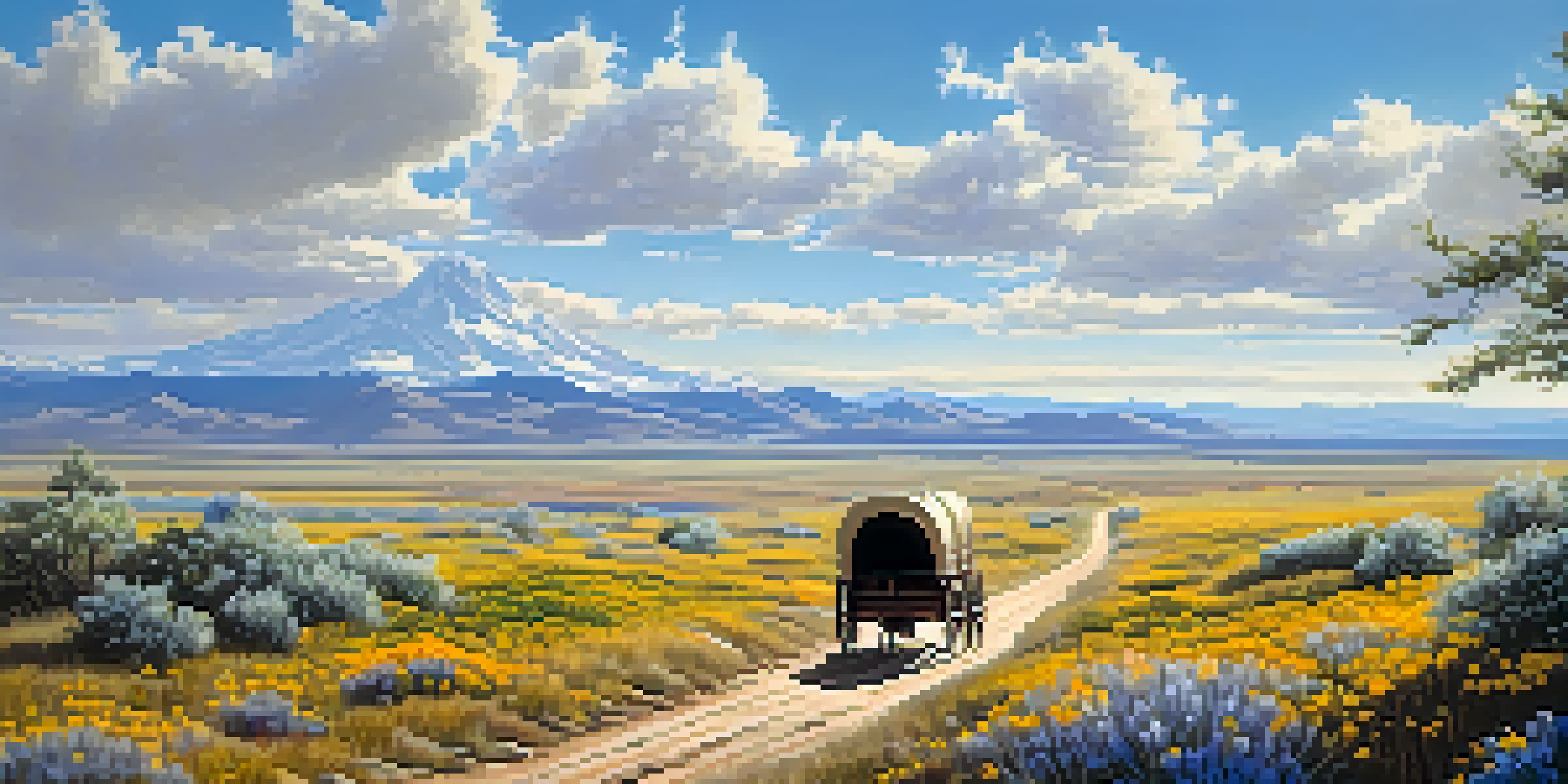 A covered wagon on the Oregon Trail surrounded by wildflowers and mountains under a blue sky.