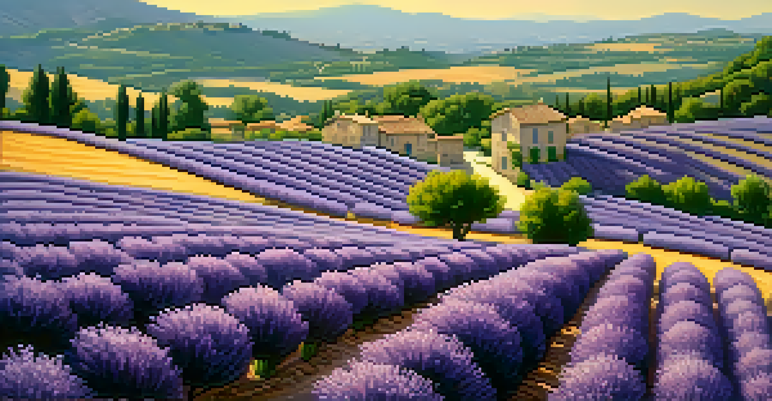 Beautiful lavender fields in Provence, France, with purple flowers blooming under a bright sun and charming village houses in the background.