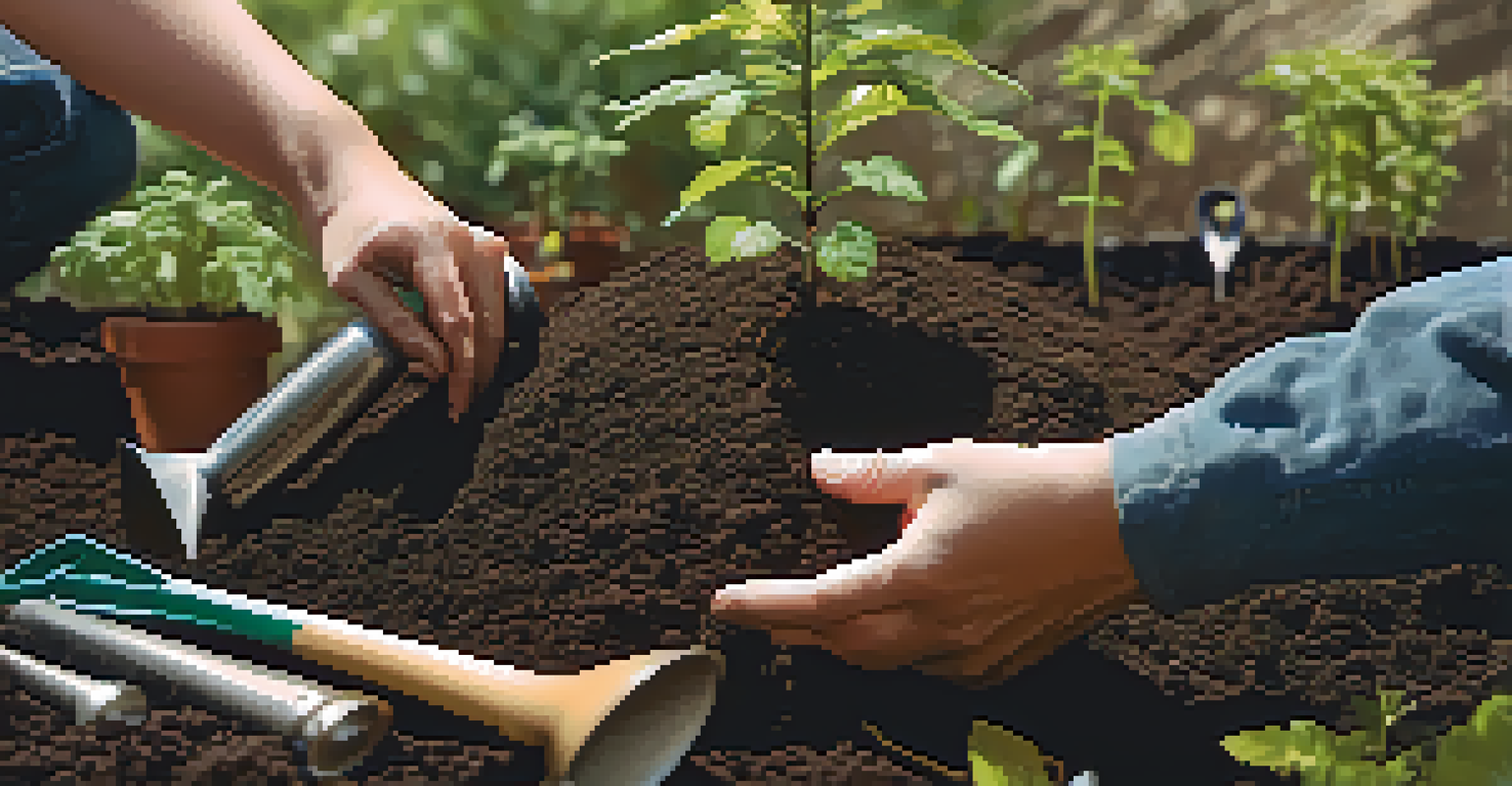 Hands planting a young tree in soil with gardening tools in a sunlit environment.