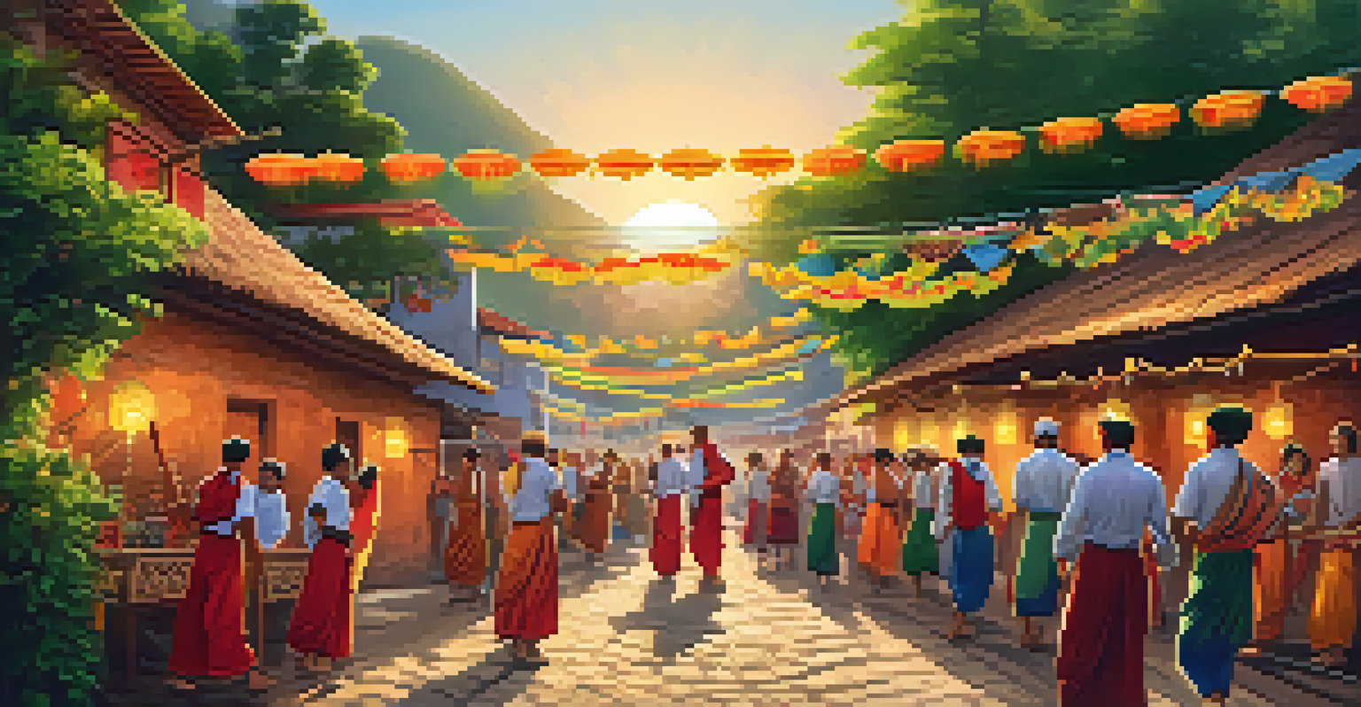 A traditional village celebrating a local festival with colorful decorations and villagers in traditional attire during sunset.