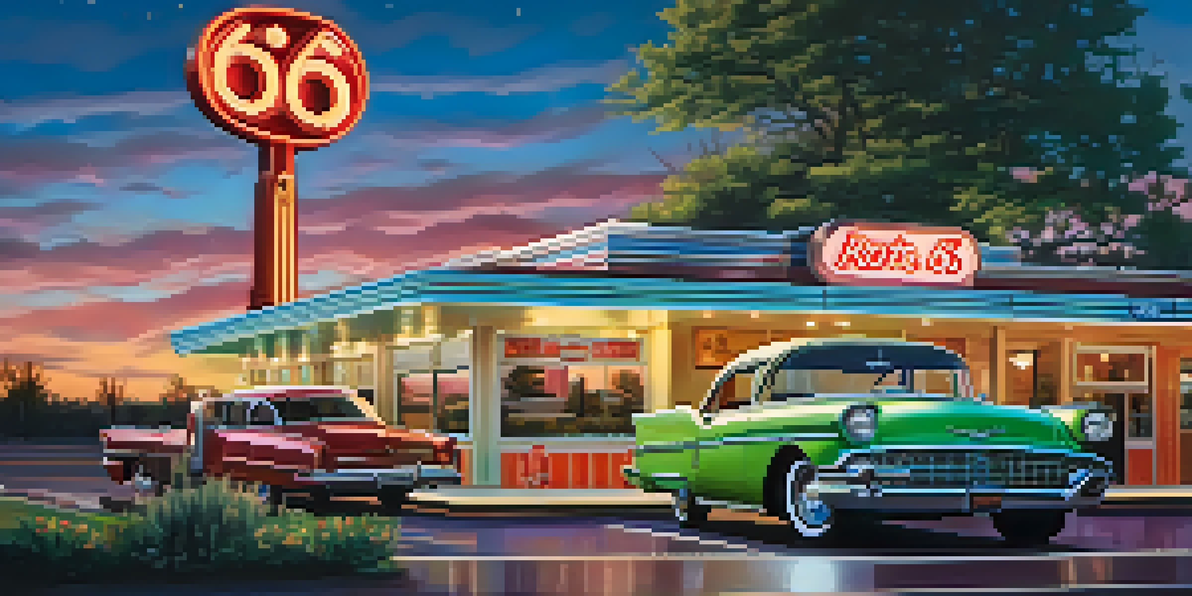 A classic car parked in front of a retro diner on Route 66, with neon lights and trees in the background during sunset.