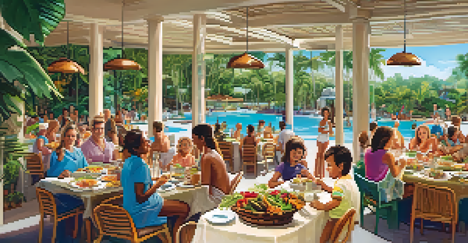Families enjoying a buffet meal at an all-inclusive resort, with colorful dishes and a tropical pool area in the background.
