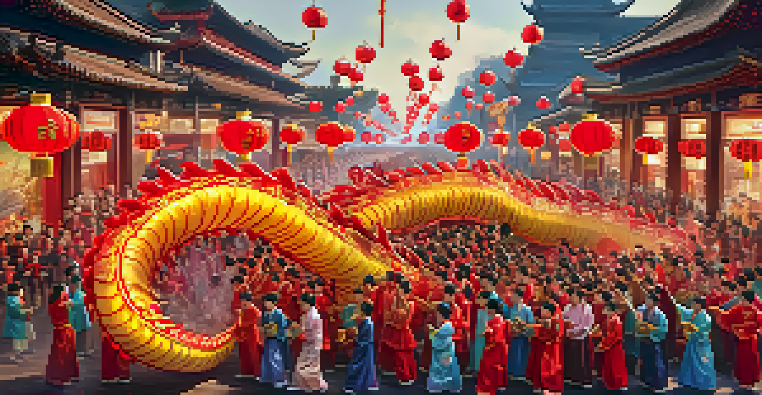 Performers in colorful dragon costumes dancing during a Chinese New Year parade, surrounded by a festive crowd and decorations.