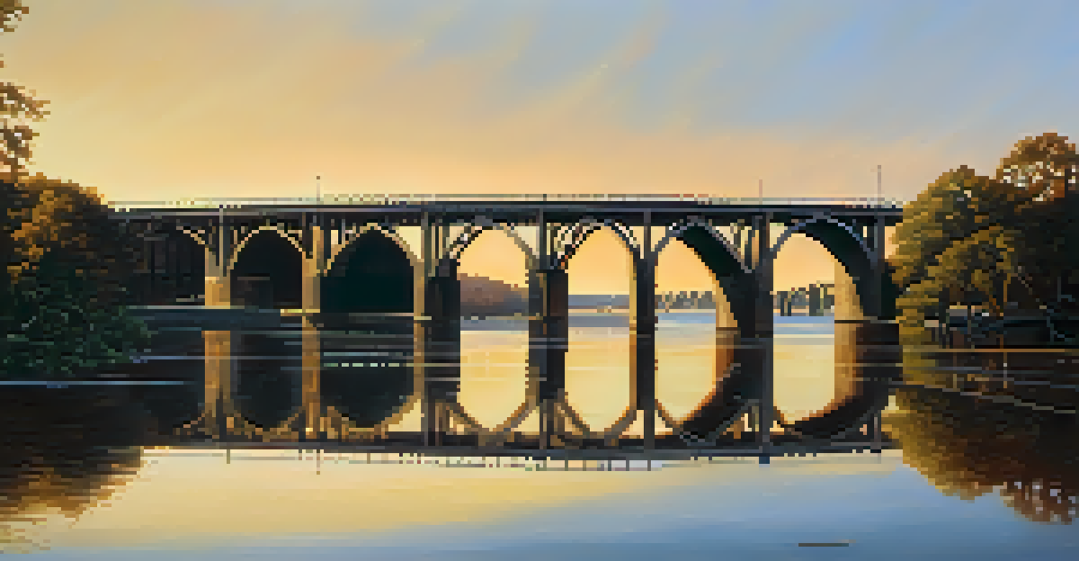 The Edmund Pettus Bridge under golden hour light, showing its historical significance and weathered texture.