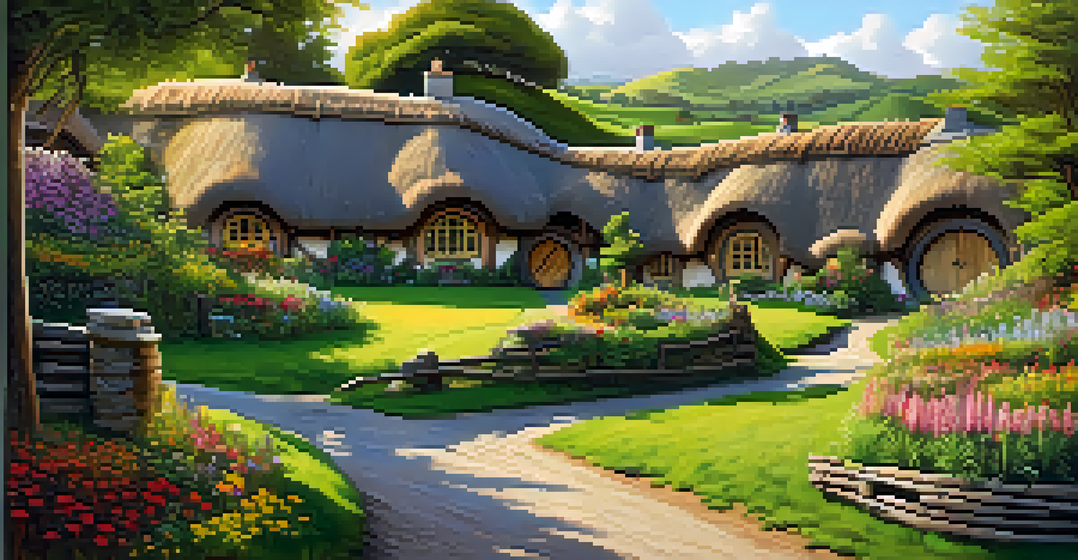 A picturesque view of Hobbiton with hobbit holes and colorful gardens under soft afternoon light.
