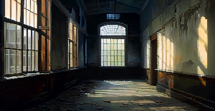 A dimly lit corridor with peeling walls, flickering shadows, and moonlight filtering through a cracked window, evoking a haunting atmosphere.