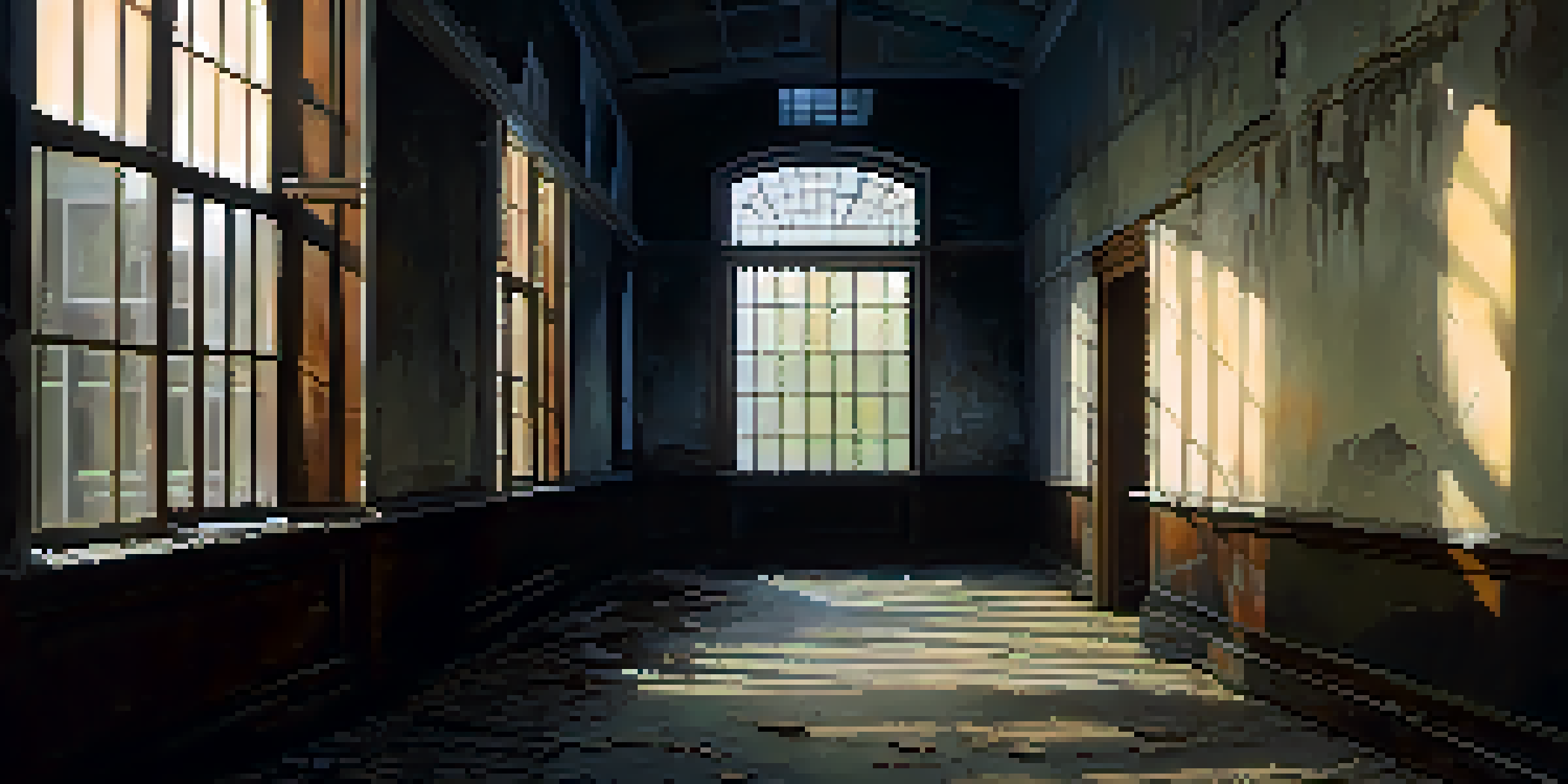 A dimly lit corridor with peeling walls, flickering shadows, and moonlight filtering through a cracked window, evoking a haunting atmosphere.