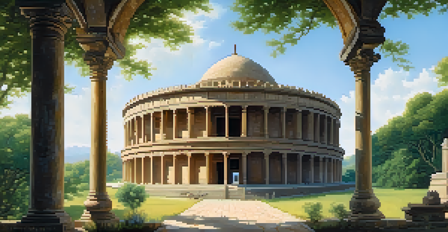 A peaceful historical monument surrounded by greenery, under a clear blue sky, highlighting its cultural significance.