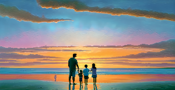 A family of four on a beach at sunset, capturing photos together, with a colorful sky and waves in the background.