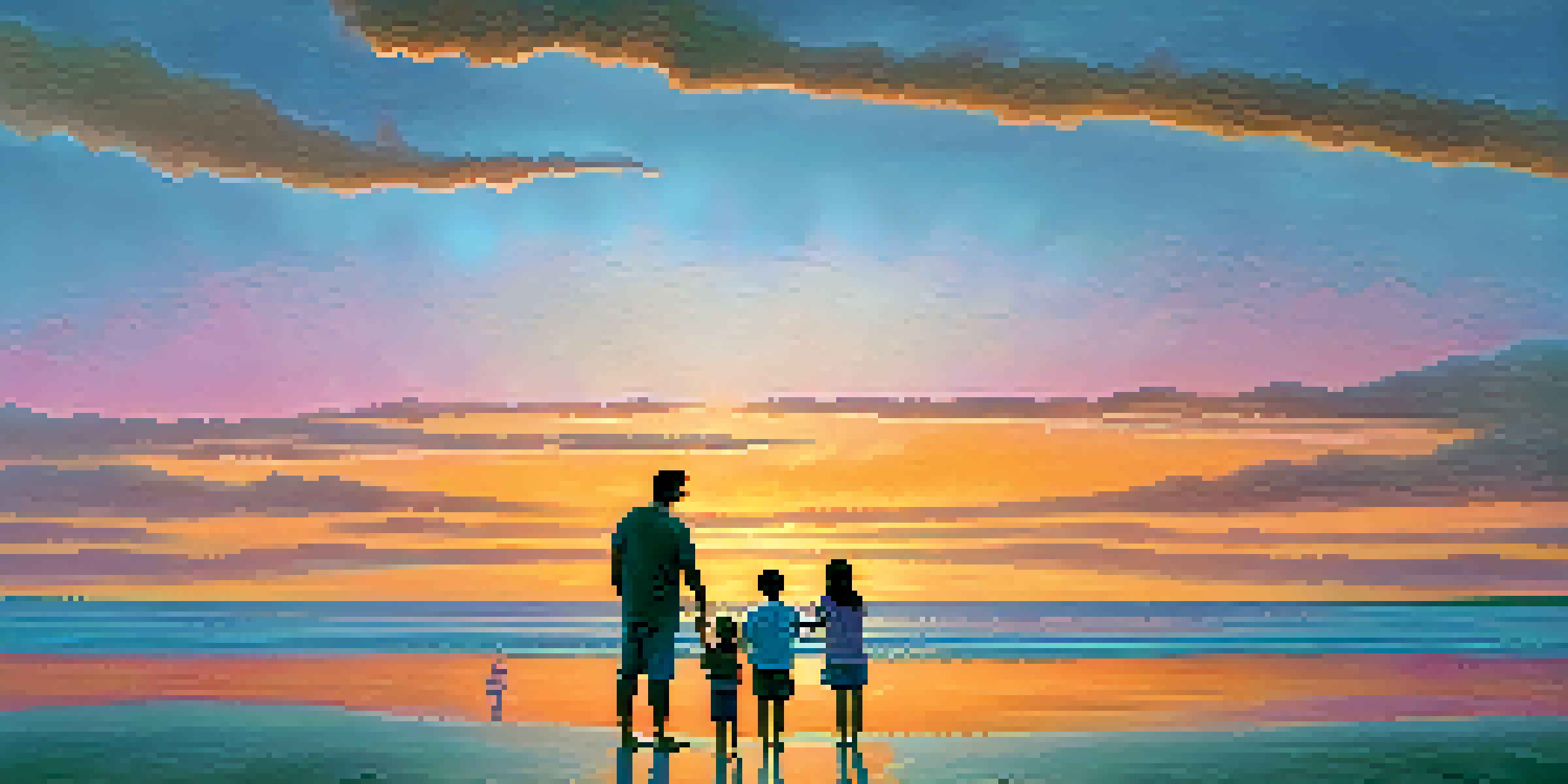 A family of four on a beach at sunset, capturing photos together, with a colorful sky and waves in the background.