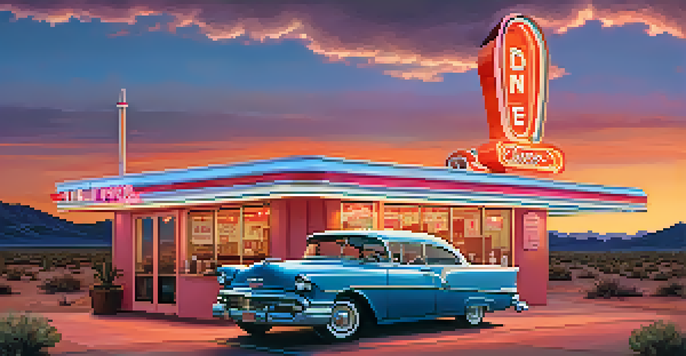 A nostalgic Route 66 diner with a vintage car outside, neon lights illuminated at sunset.
