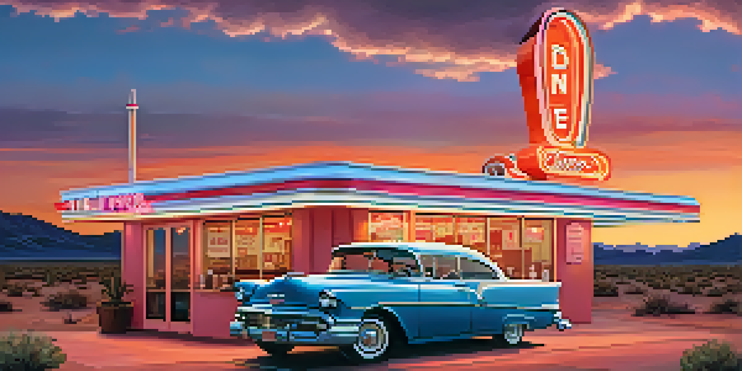 A nostalgic Route 66 diner with a vintage car outside, neon lights illuminated at sunset.