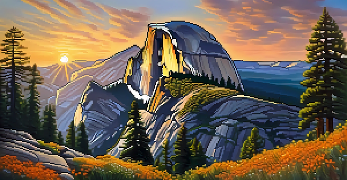 A stunning sunrise view of Half Dome in Yosemite National Park, with vibrant wildflowers in the foreground and golden light illuminating the granite cliffs.