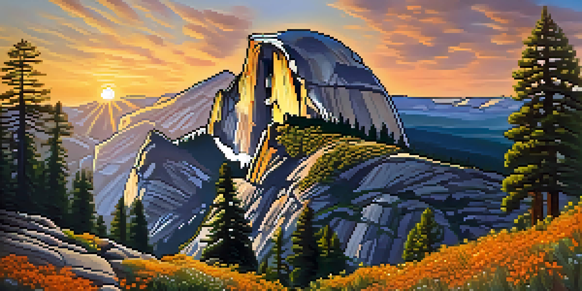 A stunning sunrise view of Half Dome in Yosemite National Park, with vibrant wildflowers in the foreground and golden light illuminating the granite cliffs.