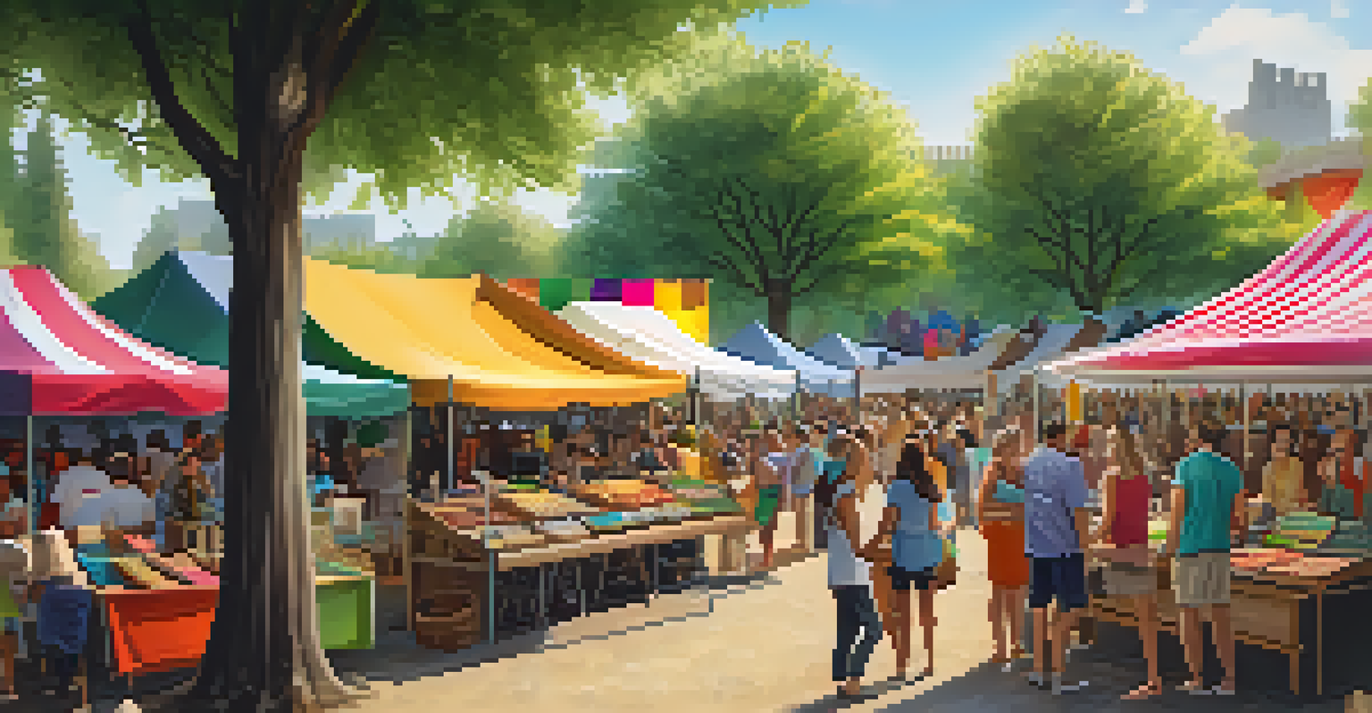 A colorful artisan market at a music festival with vendors and festival-goers enjoying handmade crafts and food.